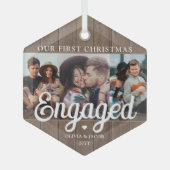 3 Foto met kerstcadeau Rustic Faux Wood Glas Ornament (Voorkant)