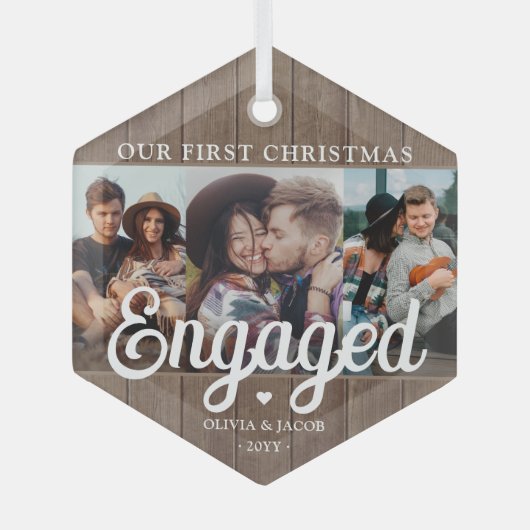 3 Foto met kerstcadeau Rustic Faux Wood Glas Ornament (Voorkant)