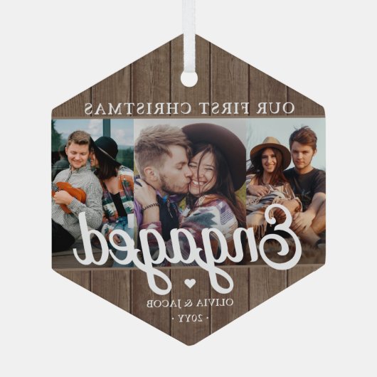 3 Foto met kerstcadeau Rustic Faux Wood Glas Ornament (Achterkant)