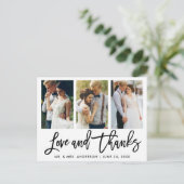 3 Foto Modern Brush Script Bruiloft Liefde Bedankt Briefkaart (Staand voorkant)