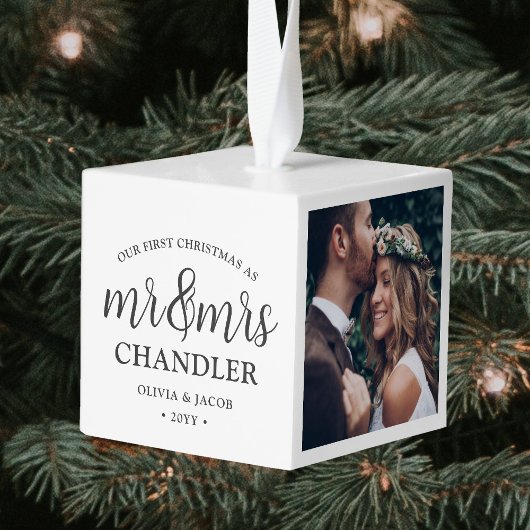3 Foto: Mr & Mrs. 1st Kerstmis Pas getrouwd Square Kubus Ornament