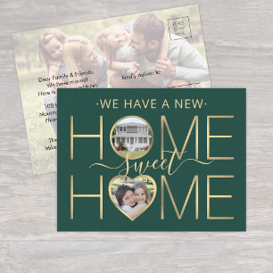 3 Foto New Home Sweet Home Moderne Green en Gold Aankondigingskaart