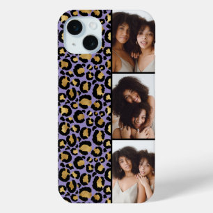 3 Foto Paars En Goud Luipaardprint iPhone 15 Mini Hoesje