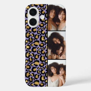 3 Foto Paars En Goud Luipaardprint iPhone 16 Hoesje