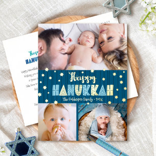 3 Foto Prettig Hanukkah Leuk Type Blauw Echt Goud Folie Feestdagen Briefkaart