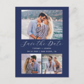 3 Foto QR Code Navy Blue Save the Date Briefkaart (Voorkant)