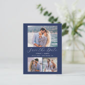 3 Foto QR Code Navy Blue Save the Date Briefkaart (Staand voorkant)