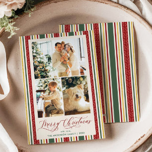 3 Foto Red Green Stripes Vintage Christmas Kaart