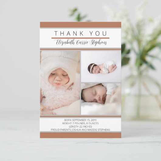 3 Foto Terracotta Baby shower |Birth Announcemen Bedankkaart (Staand voorkant)