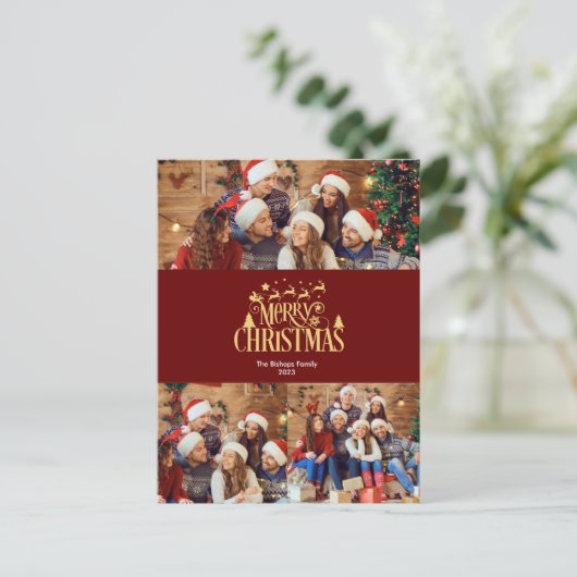 3 Foto Vrolijk kerstfeest in Gold Holiday Briefkaa Feestdagenkaart (Staand voorkant)