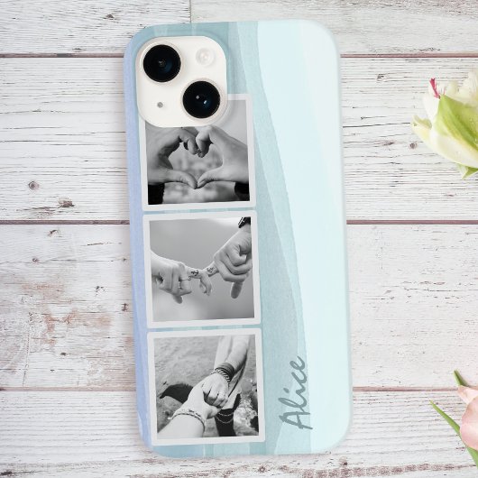 3 Fotocollage en naam Trendy Aqua Blue Case-Mate iPhone Case