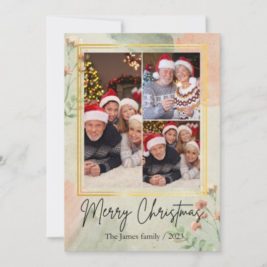 3 fotocollage groen gouden kerst feestdagenkaart (Voorkant)