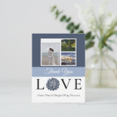 3 Fotocollage marinevlek Dusty Blue Flower Wedding Bedankkaart (Staand voorkant)