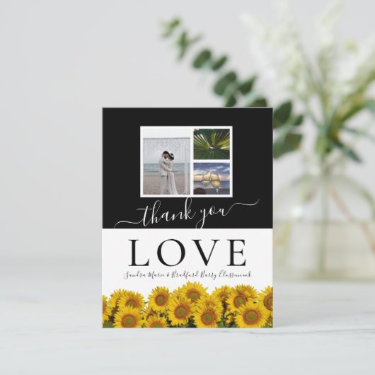 3 Fotocollage moderne zwart-wit zonnebloem Bedankkaart (Staand voorkant)