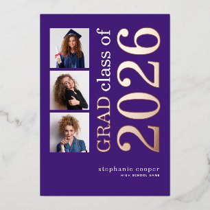 3 Foto's Afstudeer 2026 Paars met Folie Aankondigi Uitnodiging