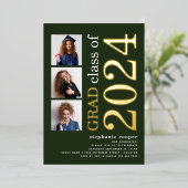 3 Foto's Afstuderen 2025 Groen Goud Echt Folie Uitnodiging (Staand Voorkant)