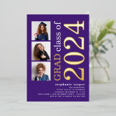 3 Foto's Afstuderen 2025 Paarse Goud Echt Folie Uitnodiging (Staand Voorkant)