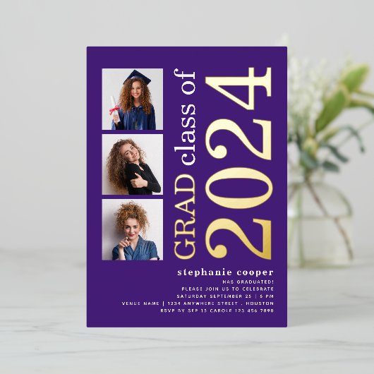 3 Foto's Afstuderen 2025 Paarse Goud Echt Folie Uitnodiging (Staand Voorkant)