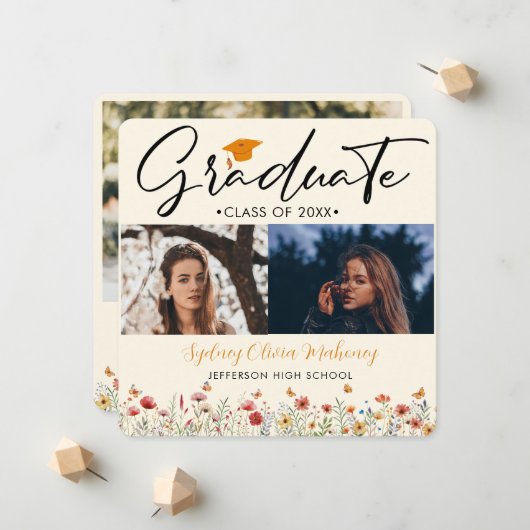 3 foto's Boho waterverf wilde bloem Afstuderen Aankondiging (Voorkant / Achterkant in situ)