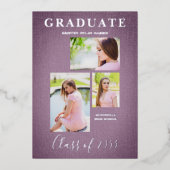 3 Foto's Collage Afstuderen Textieleffect Folie Uitnodiging (Voorkant)