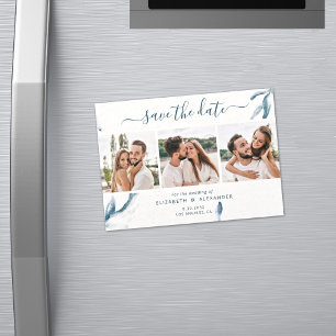 3 foto's elegant blue waterverf, eenvoudig bruilof magnetische uitnodiging