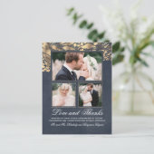 3 foto's Goud en Navy Bruiloft Dank u Briefkaart (Staand voorkant)