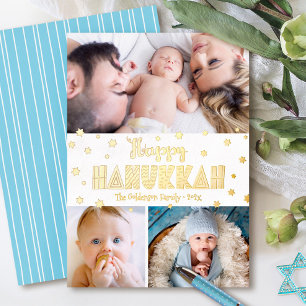 3 Foto's Prettig Hanukka Whimsiek Modern Echt Goud Folie Feestdagenkaart