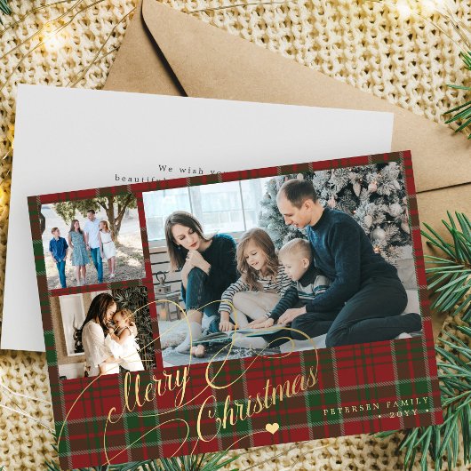 3 foto's Vrolijk Kerst elegant script rood plaid Feestdagenkaart