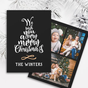 3 Foto's Zwarte & Witte Kerstboom Lettering Feestdagenkaart