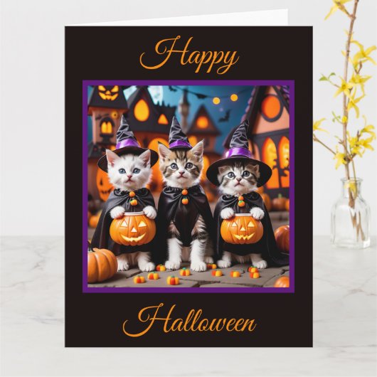 3 Halloween Kittens Trick of Treating Kaart (Gele Bloem)