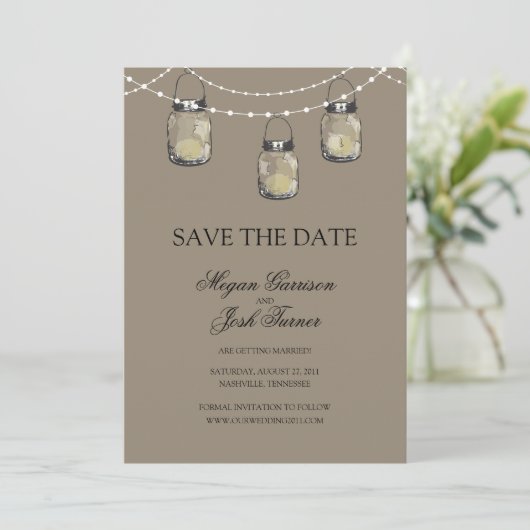 3 Hangen Mason Jars - BEWAAR DE DATUM Save The Date (Staand voorkant)