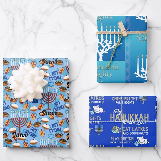 3 Hanukkah Wrapping Paper in Blue Child's Name