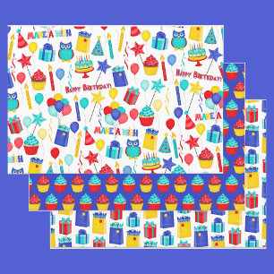 3 Happy Birthday Rood Geel & Blauw Kinder Inpakpapier Vel