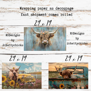 3 Highland Koe Charm Inpakpapier voor Decoupage Vel