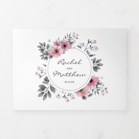 3 in 1 Elegante Roze Waterverf Bloemenbruiloft Drieluik Uitnodiging (Cover)