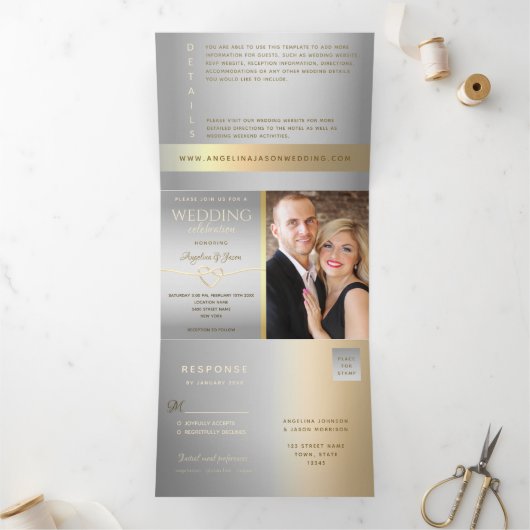 3-in-1 Silver en Gold Photo Wedding Drieluik Uitnodiging (Binnen)
