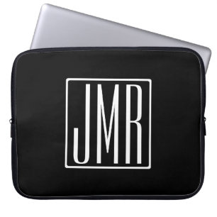 3 Initialen Monogram   Zwart-wit (of dij kleur) Laptop Sleeve