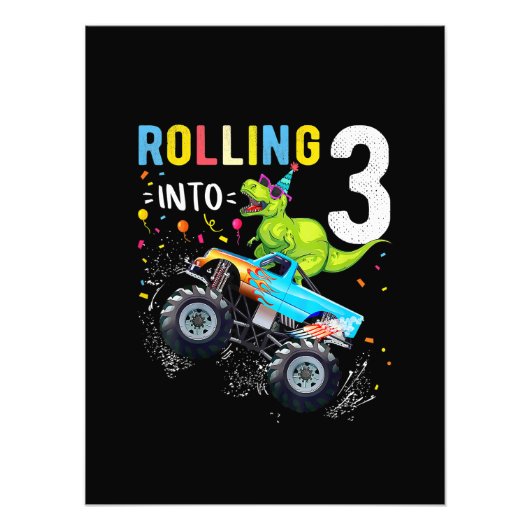 3 jaar oude verjaardag Dinosaur Monster Truck Fami Foto Afdruk (Voorkant)