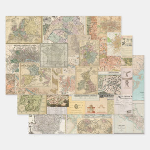 3 Kaart en tuin Document Collage Ephemera Sheets Inpakpapier Vel