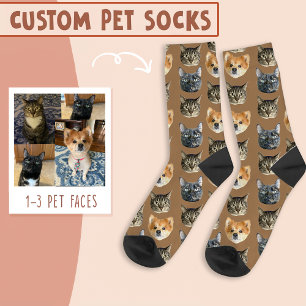 3 Kat en hond gezicht gepersonaliseerd op bruin Sokken