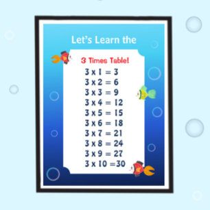 3 Keer Tafel Poster voor Kinderen   Oceaan Wiskund