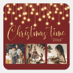 3 Kerstmis met foto's Collage Rustic String Vierkante Sticker