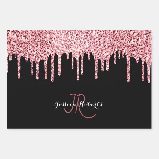 3 Kleur Chic Monogram Girly Glitter Drips Inpakpapier Vel (Voorkant 3)