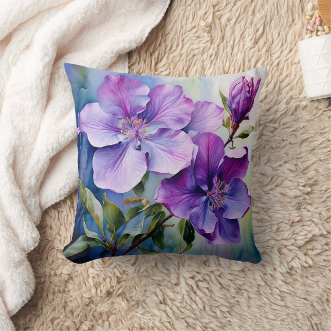 3 Lila Bloemen Waterverf Kussen (Deken)