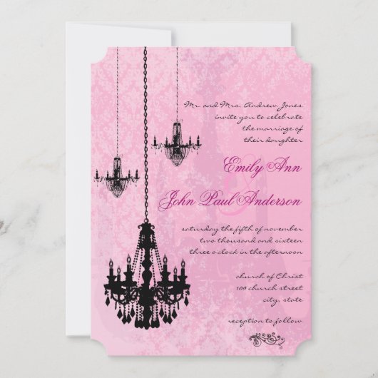 3 Lustres noirs Mariage damassé rose Invitation (Devant)