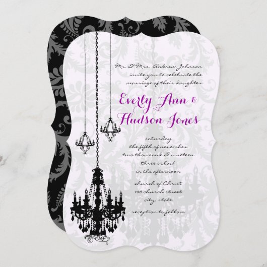 3 lustres noirs ombre Mariage damassé Invitations (Devant / Derrière)