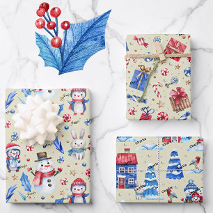3 Namen, Pinguïns Muizen Konijnen Blauw Rood Vakan Inpakpapier Vel