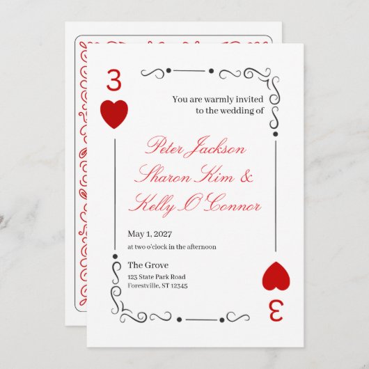 3 of Hearts Throuple Wedding Invitation (Devant / Derrière)