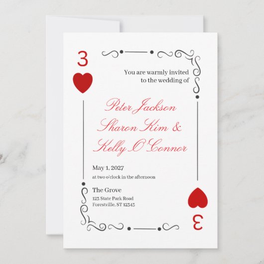 3 of Hearts Throuple Wedding Invitation Kaart (Voorkant)