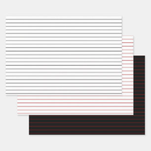 3-pak: dunne witte, zwarte en rode strepen kerst inpakpapier vel